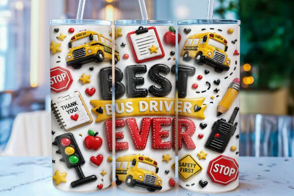 3D Bus Driver 20oz Tumbler Wrap PNG: A Vibrant Tribute to School Transportation Heroes